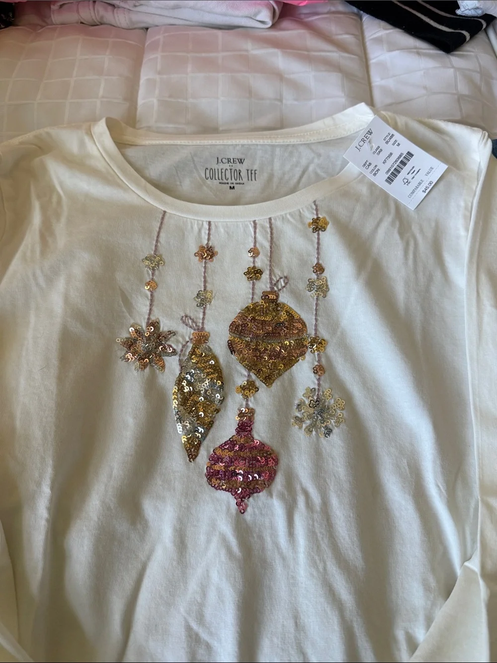 J. Crew Cream Long Sleeve Tee with Sequin Ornament Embellishment